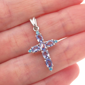 Chuck Clemency 925 Sterling Silver Real Tanzanite & Apatite Cross Charm Pendant