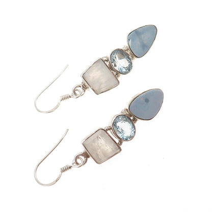 925 Sterling Silver Vintage Real Moonstone Opal & Blue Topaz Dangle Earrings
