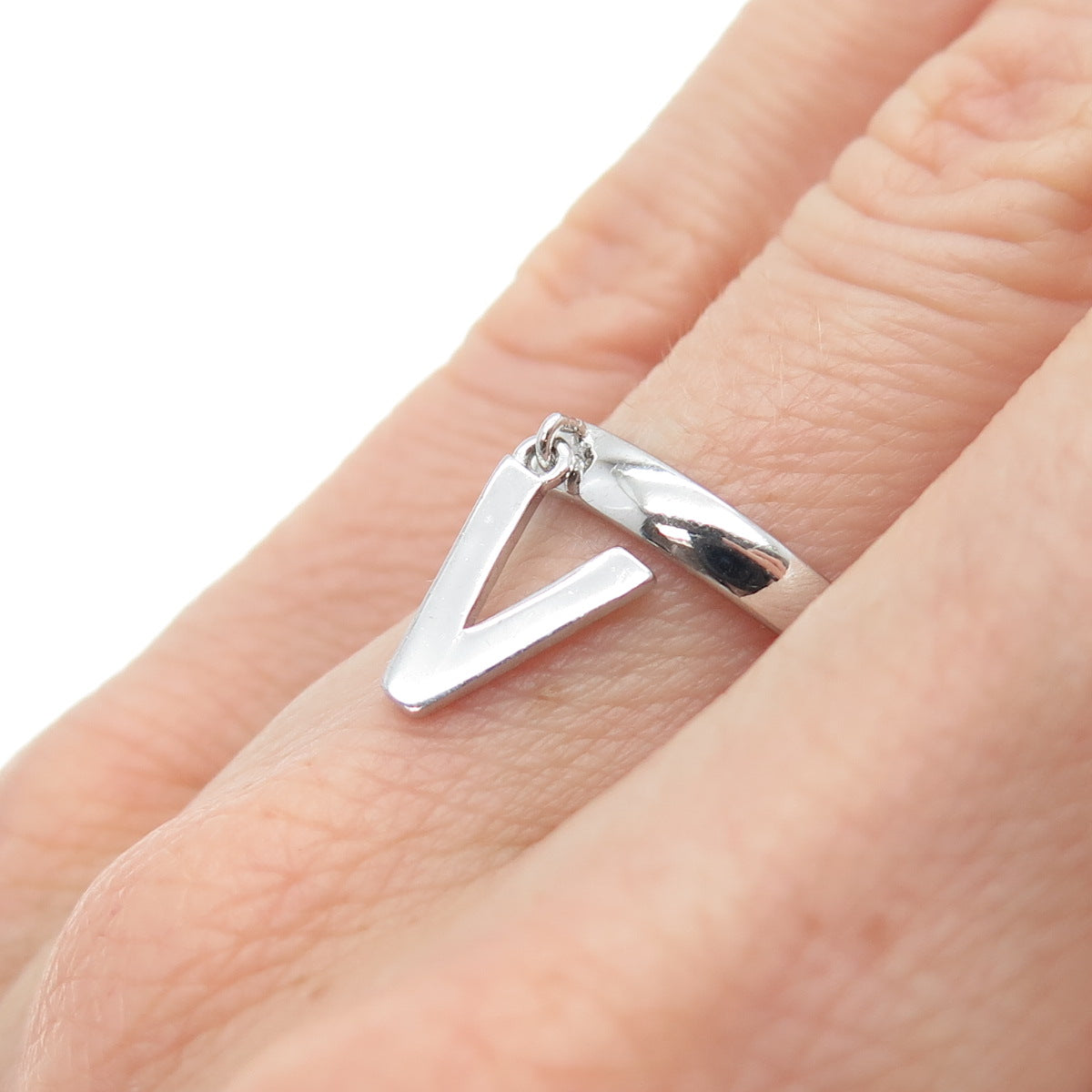 925 Sterling Silver Vintage Letter V Dangle Charm Adjustable Ring Size 6
