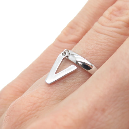 925 Sterling Silver Vintage Letter V Dangle Charm Adjustable Ring Size 6