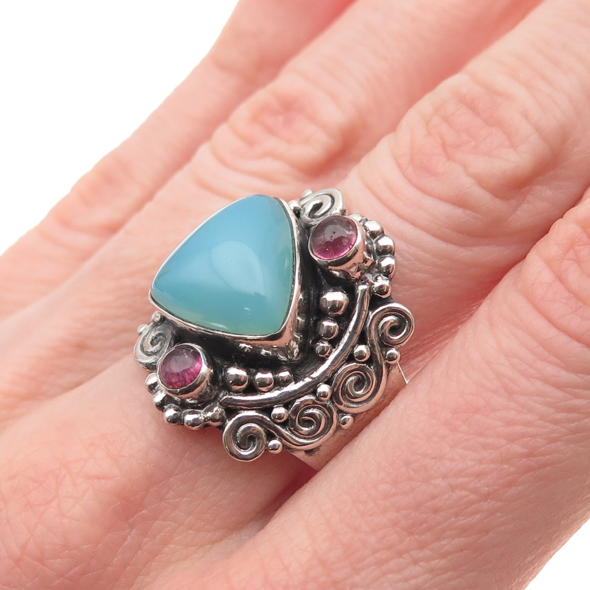 Sajen Sterling Silver Vintage Real Chalcedony Tourmaline Adjustable Ring Size 9