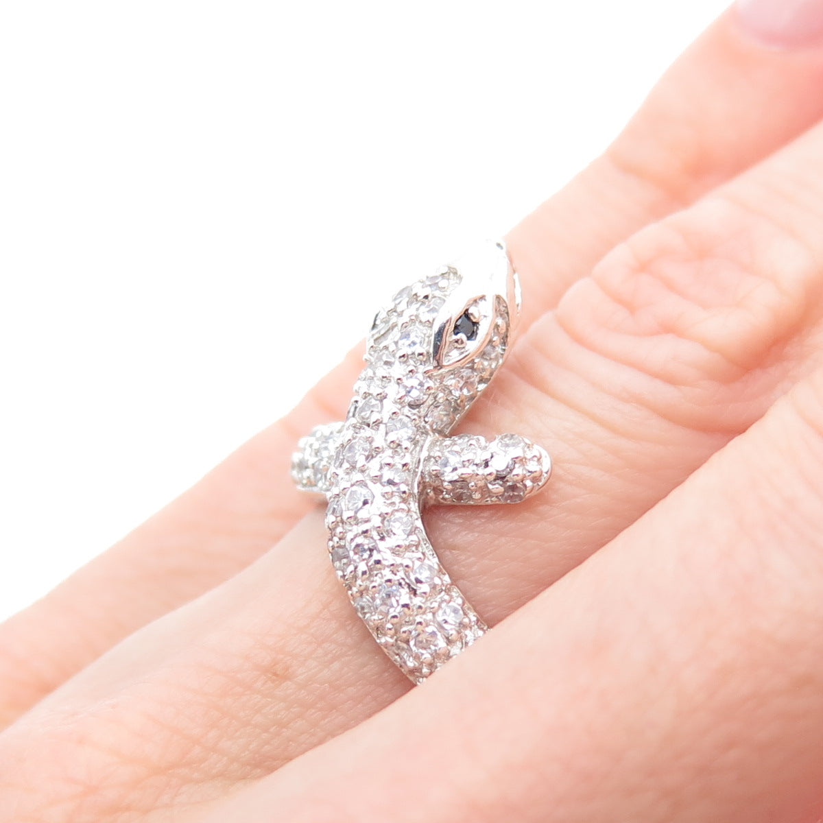 925 Sterling Silver Round-Cut Black & White C Z Snake Ring Size 6