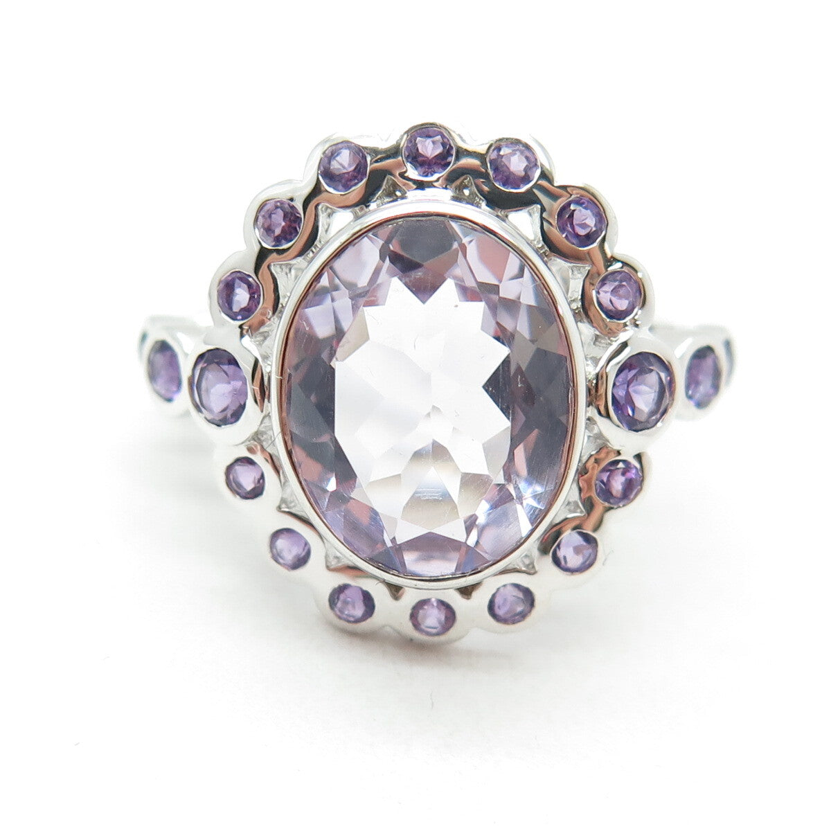 DSMK 925 Sterling Silver Oval & Round-Cut Amethyst Gemstone Ring Size 7.25