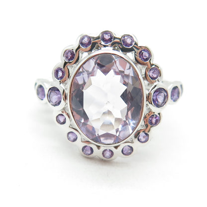 DSMK 925 Sterling Silver Oval & Round-Cut Amethyst Gemstone Ring Size 7.25