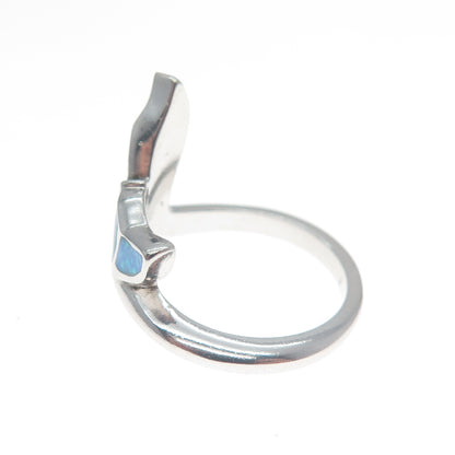 925 Sterling Silver Real Blue Opal Gemstone Whale's Tail Ring Size 6