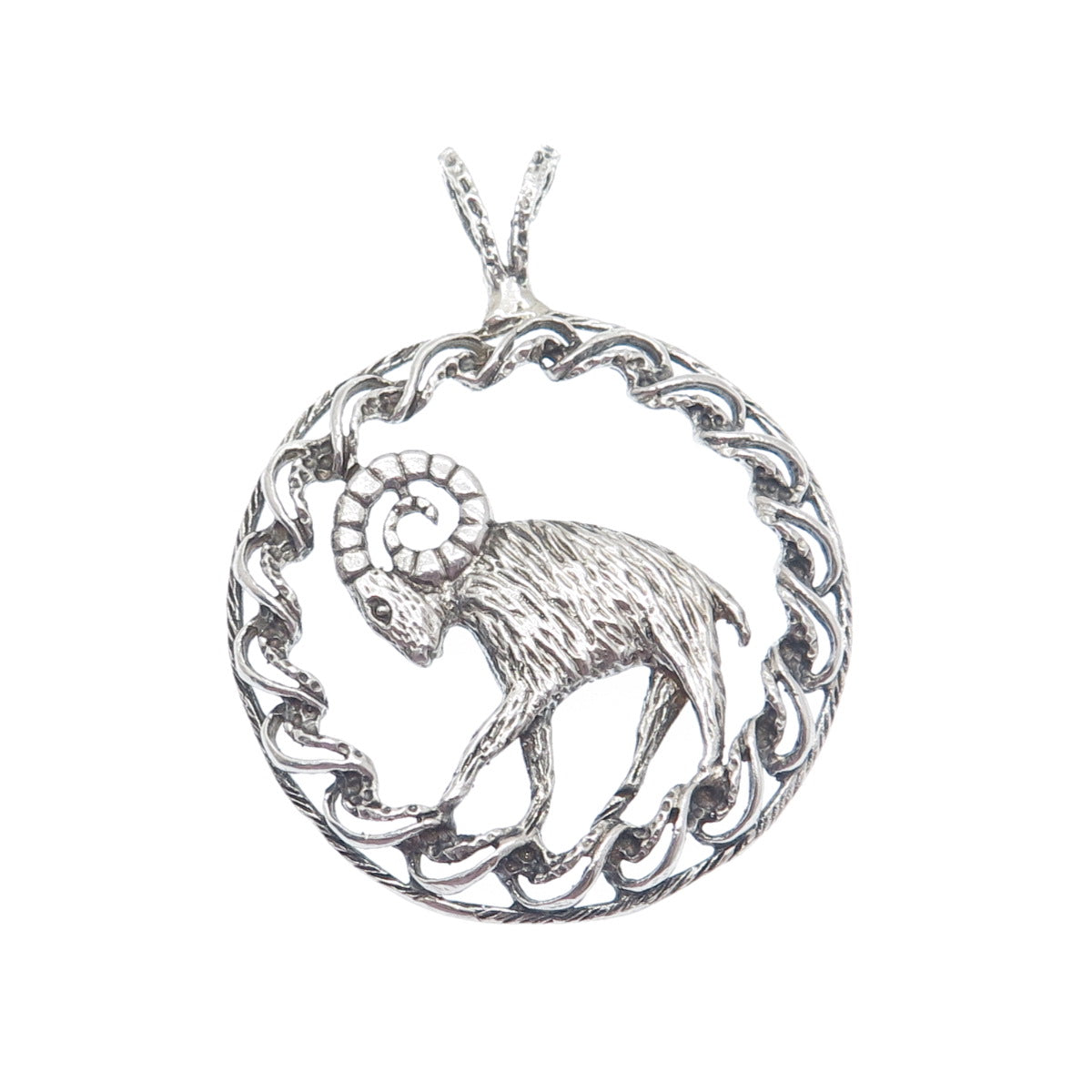 925 Sterling Silver Vintage Aries Zodiac Sign Oxidized Pendant