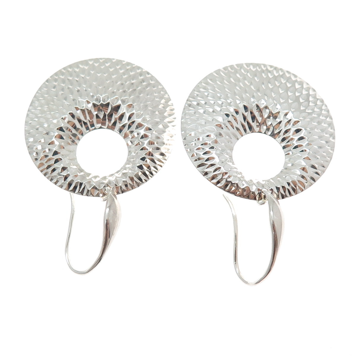 925 Sterling Silver Vintage Modernist Crescent Diamond-Cut Disc Dangle Earrings