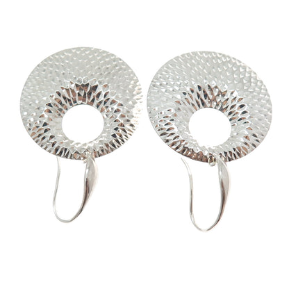 925 Sterling Silver Vintage Modernist Crescent Diamond-Cut Disc Dangle Earrings