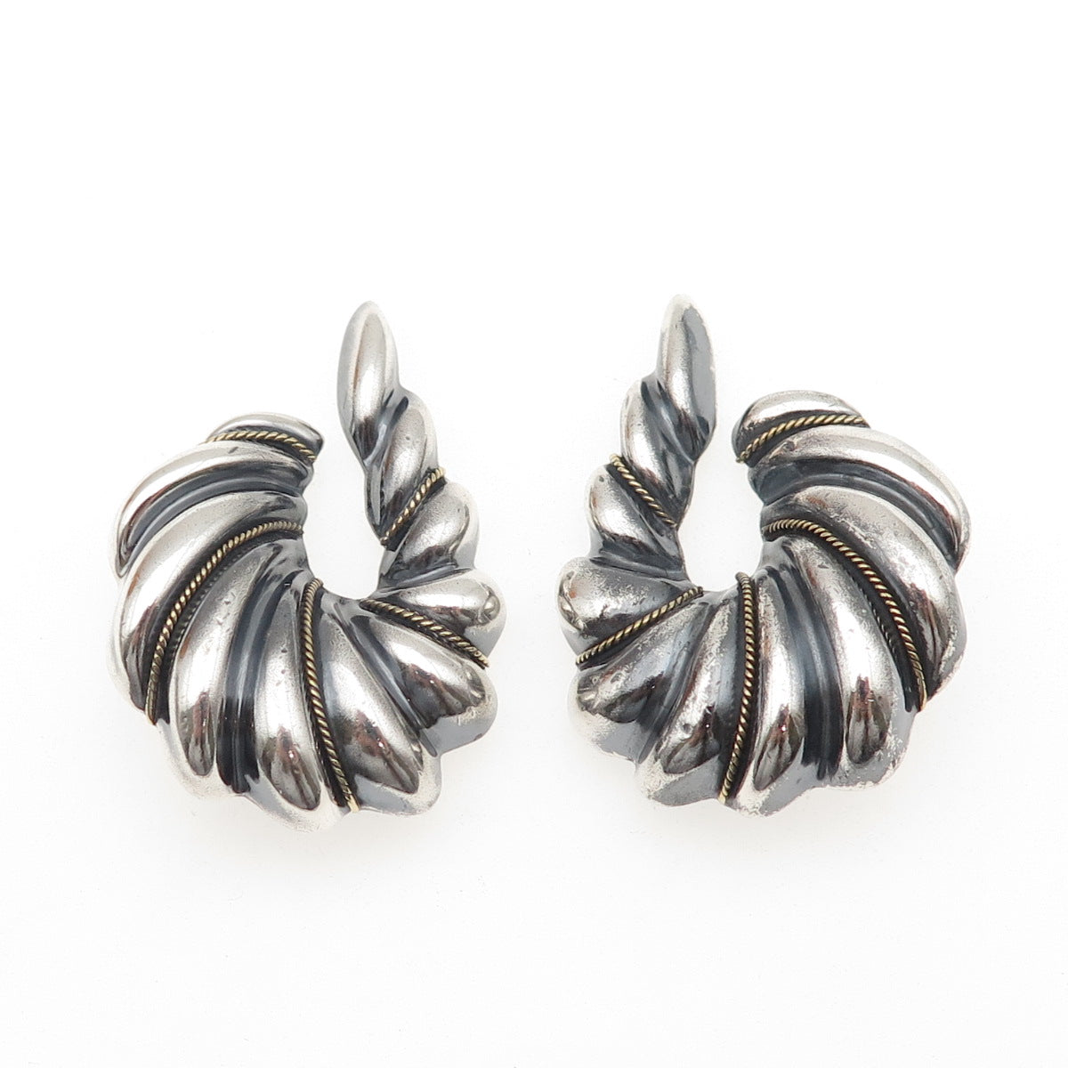 925 Sterling Silver 2-Tone Vintage Mexico Modernist Hook Clip On Earrings