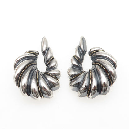 925 Sterling Silver 2-Tone Vintage Mexico Modernist Hook Clip On Earrings