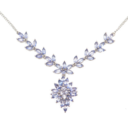 925 Sterling Silver Real Tanzanite Floral Cuban Chain Necklace 18"