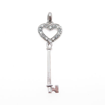925 Sterling Silver Real Round-Cut Diamond Heart Key Charm Pendant
