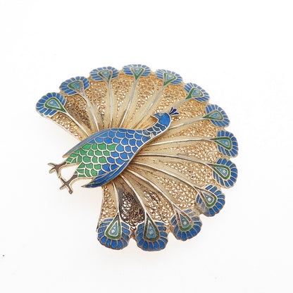 TOPAZIO 925 Sterling Gold Plated Vintage Portugal Enamel Peacock Filigree Brooch
