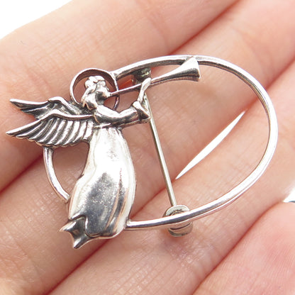 JEZLAINE 925 Sterling Silver Vintage Angel Playing Trumpet Flying Pin Brooch