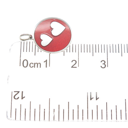 925 Sterling Silver Red Enamel Couple Heart Round Tag Minimalist Charm Pendant