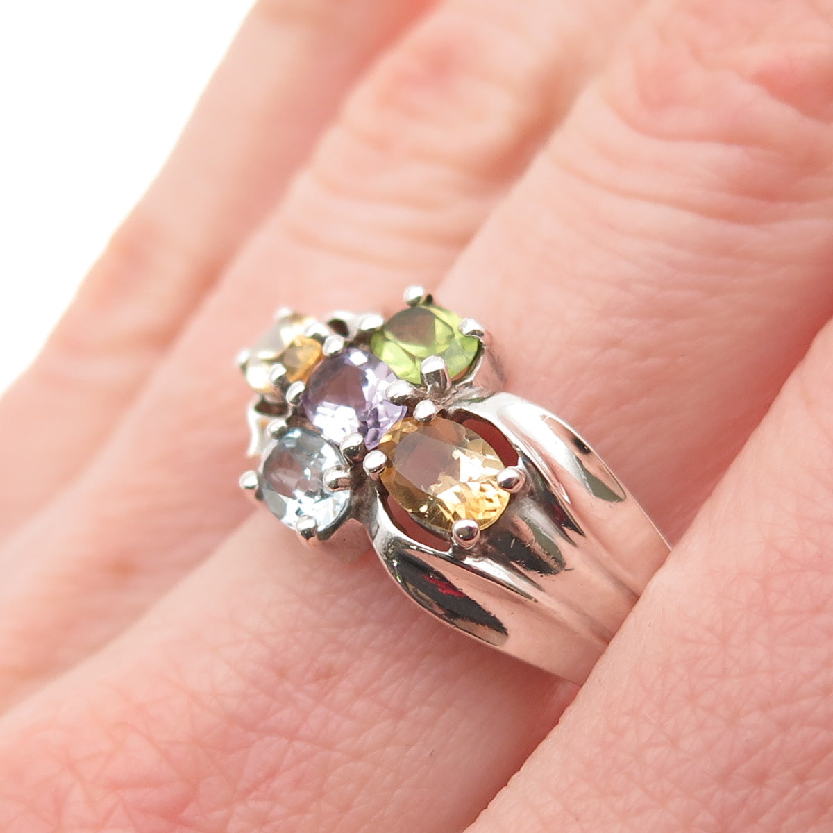 925 Sterling Silver Vintage Real Blue Topaz Amethyst Peridot Citrine Ring Size 8