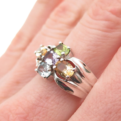 925 Sterling Silver Vintage Real Blue Topaz Amethyst Peridot Citrine Ring Size 8