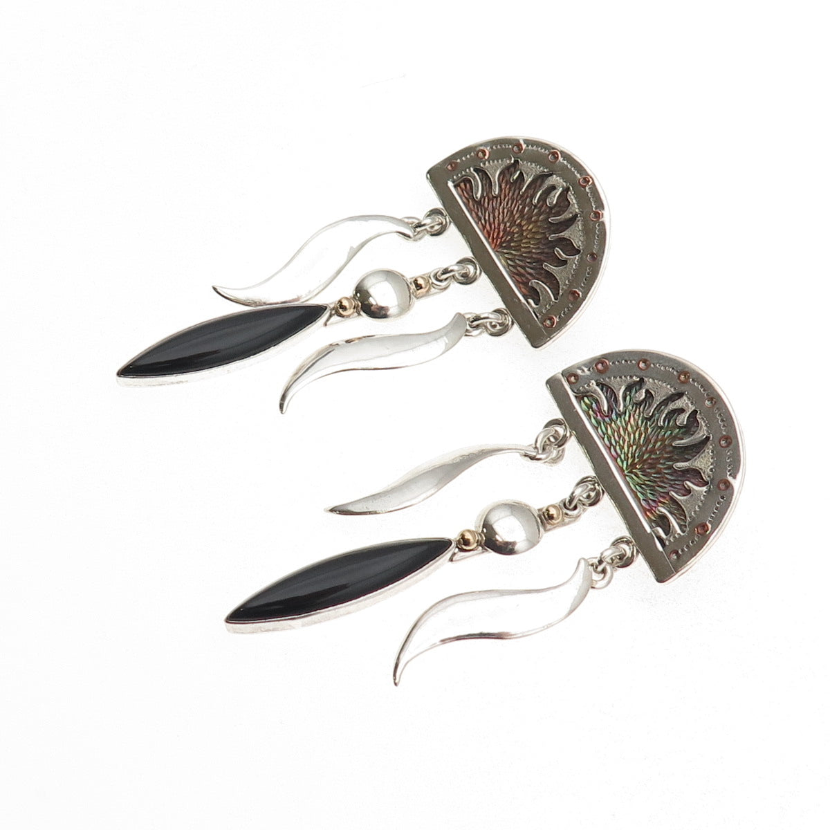 925 Sterling 2-Tone Vintage Real Black Onyx Sunrise Modernist Dangle Earrings