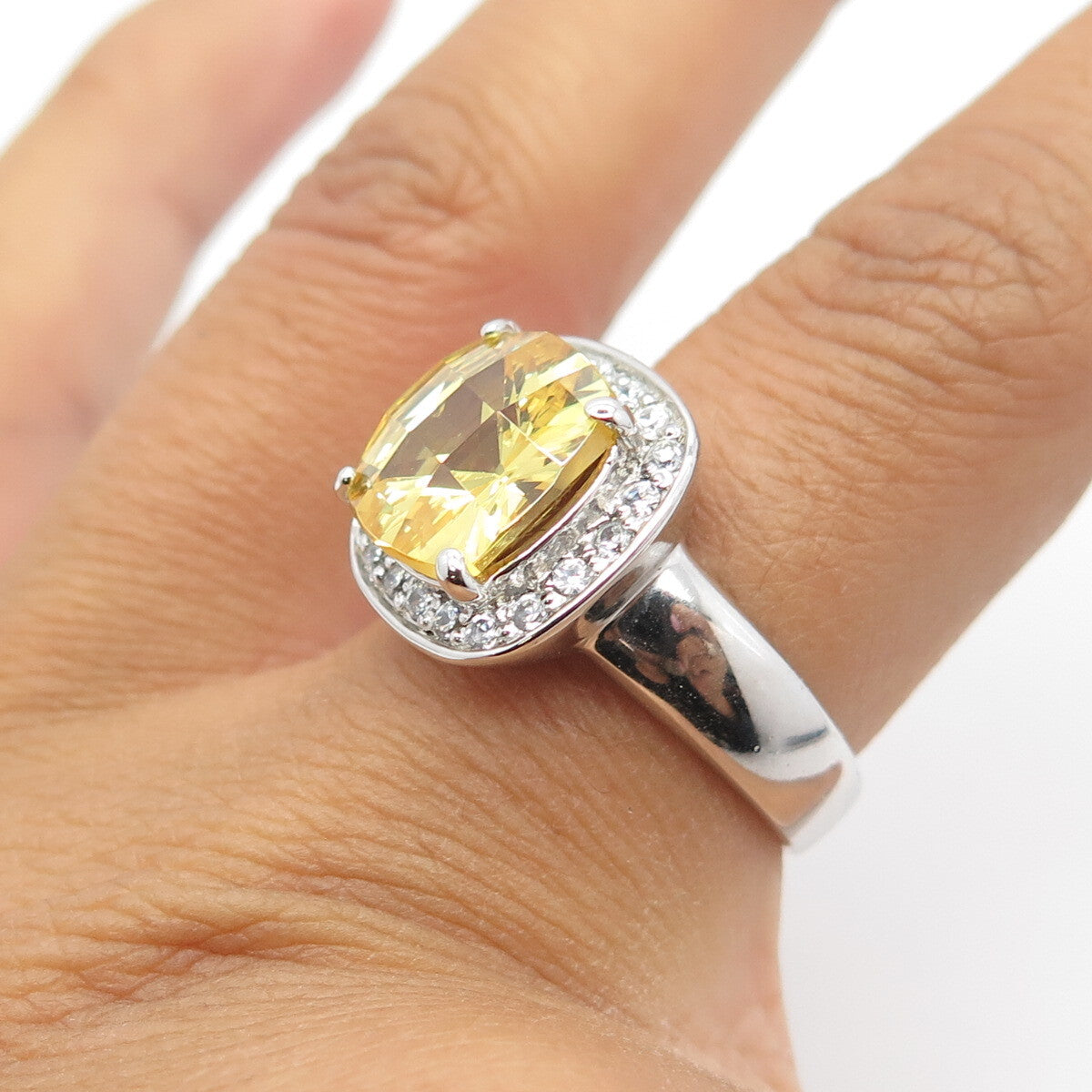 925 Sterling Silver Cushion-Cut Yellow & White C Z Engagement Ring Size 7.25