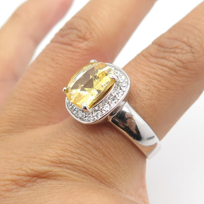 925 Sterling Silver Cushion-Cut Yellow & White C Z Engagement Ring Size 7.25