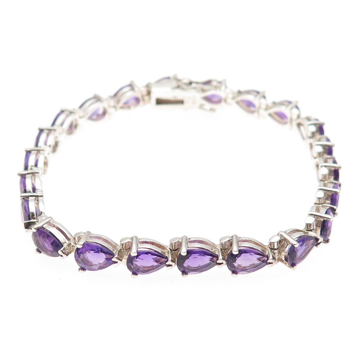 925 Sterling Silver Vintage Real Pear-Cut Amethyst Teardrop Link Bracelet 7"