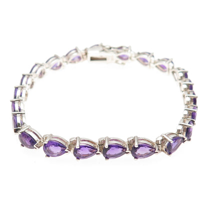925 Sterling Silver Vintage Real Pear-Cut Amethyst Teardrop Link Bracelet 7"