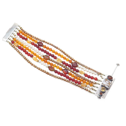 925 Sterling Vintage Jasper Pearl Citrine Carnelian Amber Beaded Bracelet 6.5"