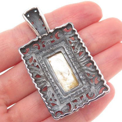 Ken Crafts 925 Sterling Silver Vintage Real MOP Floral Oxidized Pendant