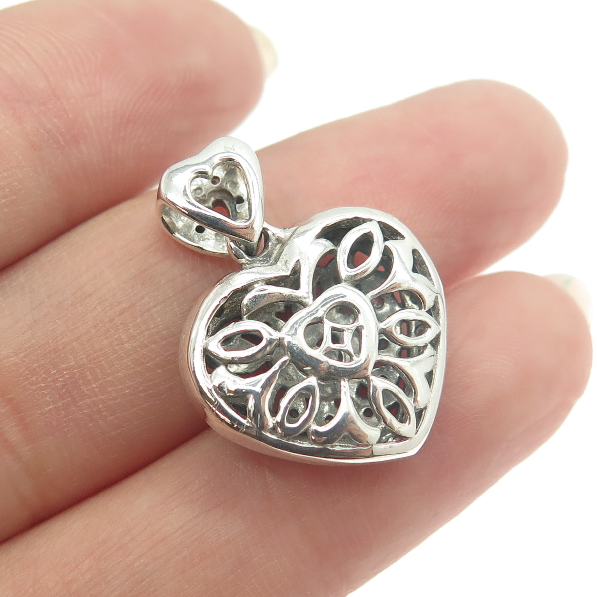 925 Sterling Silver Real Round-Cut Diamond Double Heart Floral Pendant