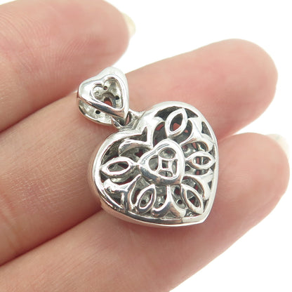 925 Sterling Silver Real Round-Cut Diamond Double Heart Floral Pendant