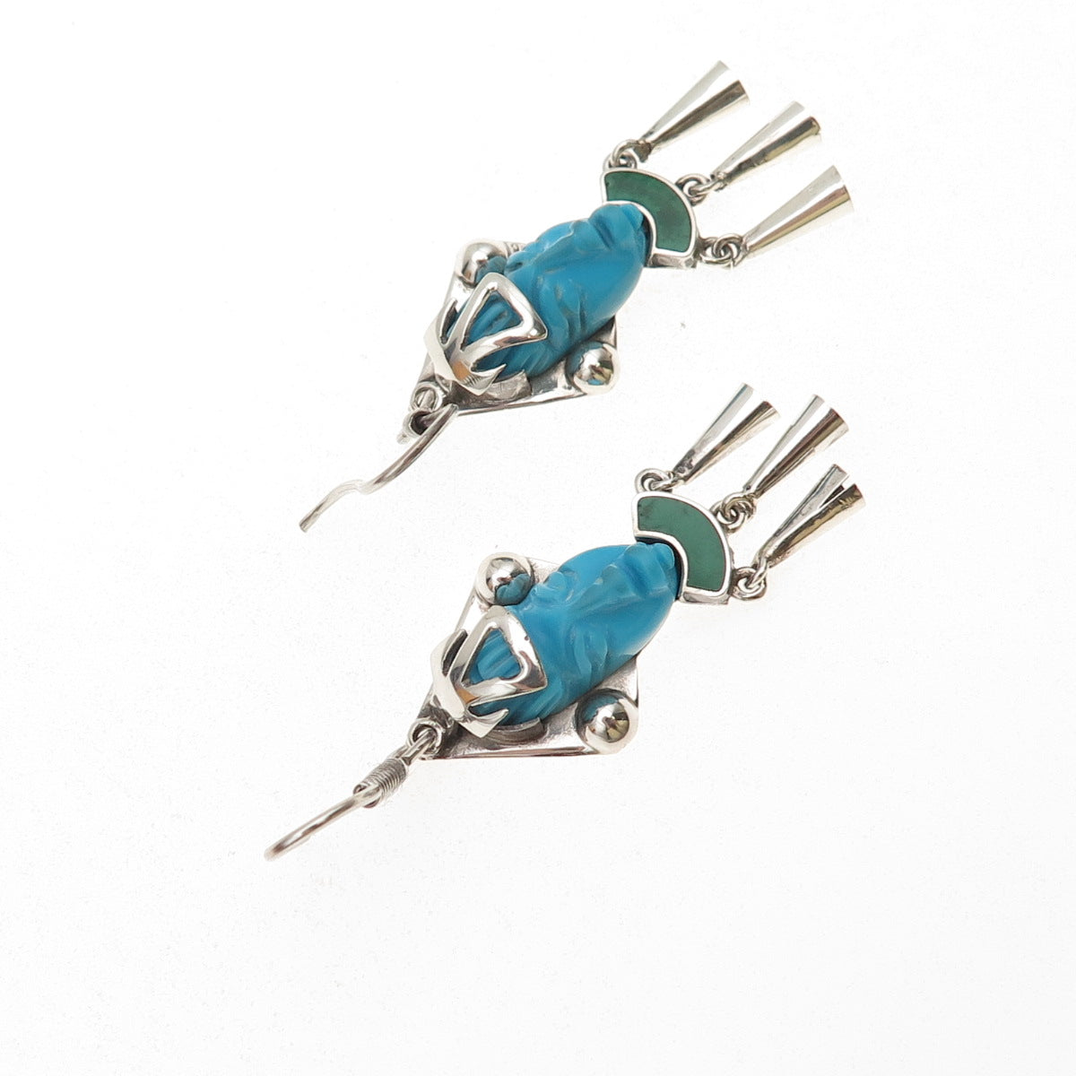 925 Sterling Silver Vintage Mexico Real Turquoise & Malachite Aztec God Earrings