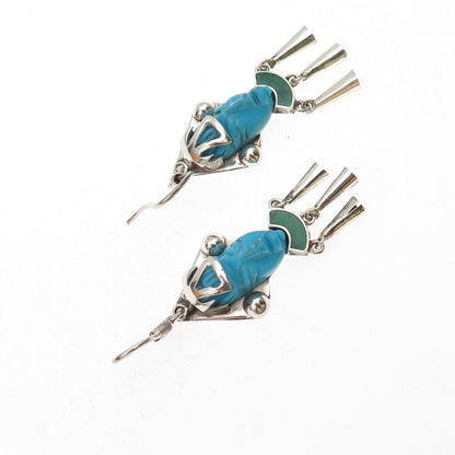 925 Sterling Silver Vintage Mexico Real Turquoise & Malachite Aztec God Earrings