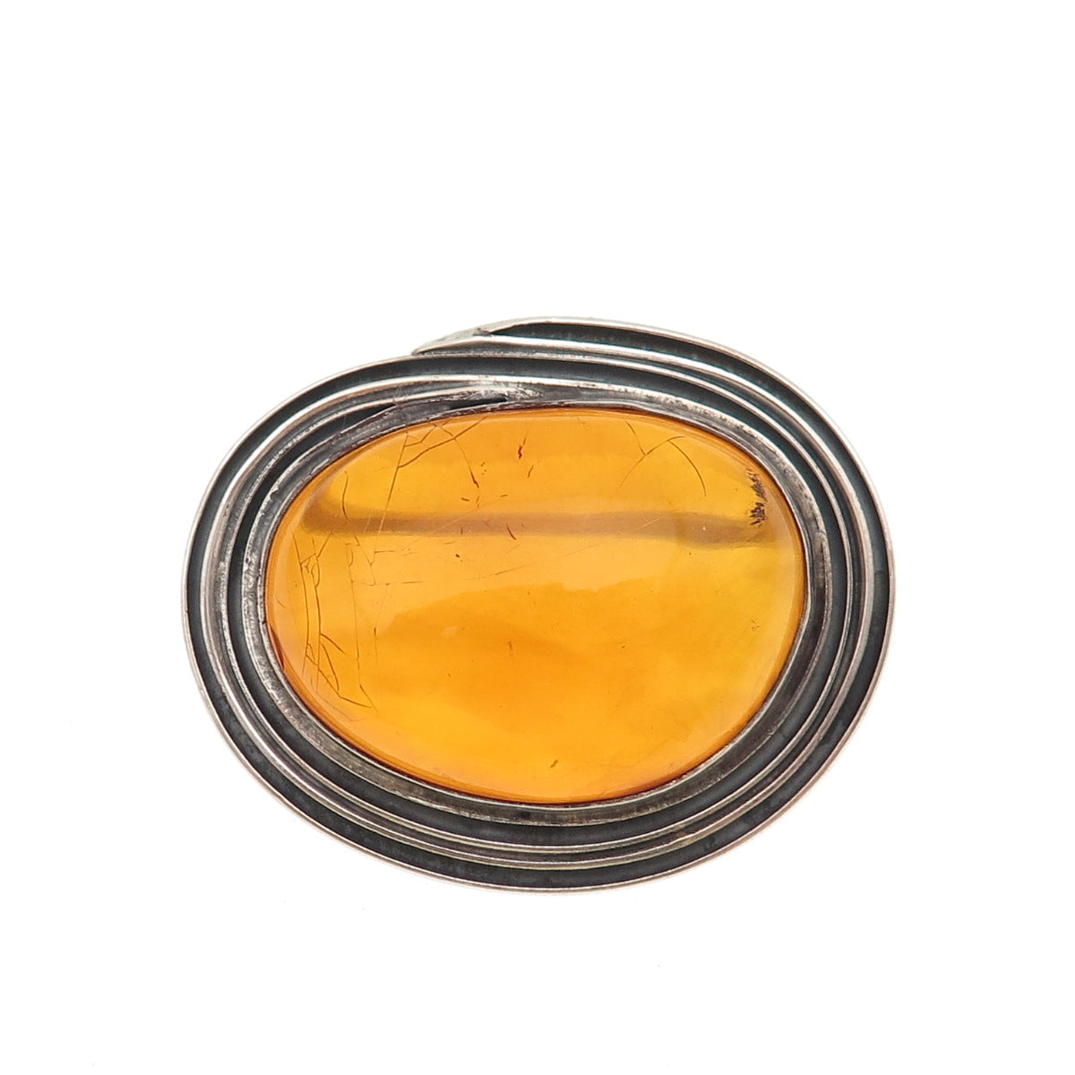 835 Silver Vintage Czechia Real Amber Modernist Oxidized Pin Brooch