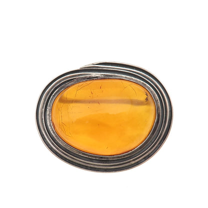 835 Silver Vintage Czechia Real Amber Modernist Oxidized Pin Brooch