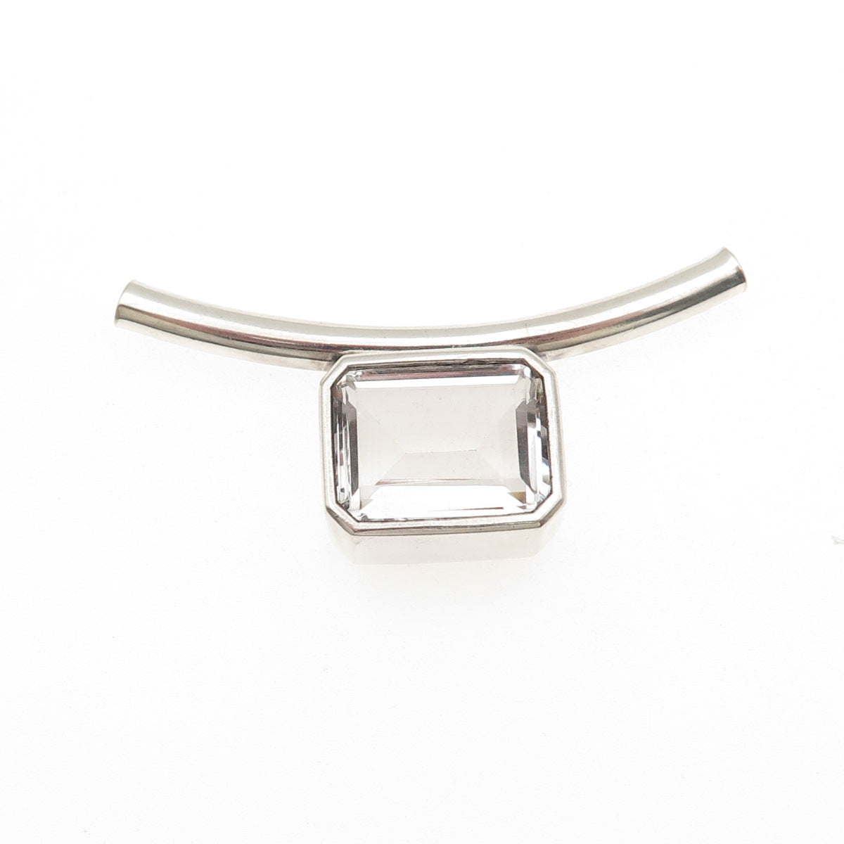 925 Sterling Vintage Real Emerald-Cut Clear Rock Crystal Modernist Slide Pendant