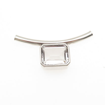 925 Sterling Vintage Real Emerald-Cut Clear Rock Crystal Modernist Slide Pendant