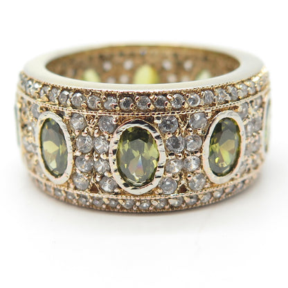 925 Sterling Silver Gold Plated White & Green C Z Band Ring Size 11