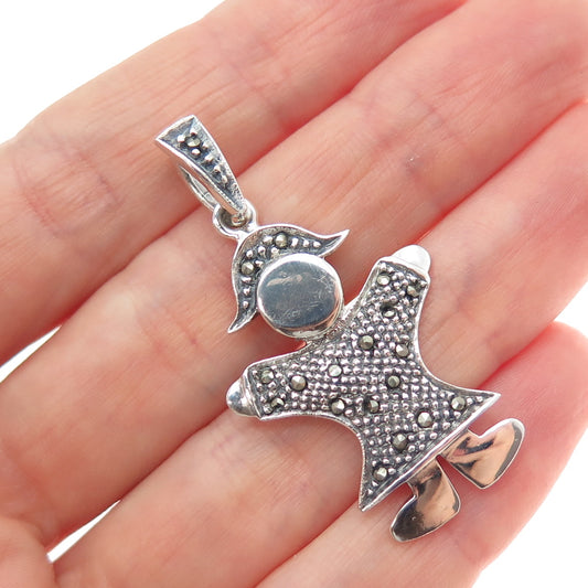 925 Sterling Silver Vintage Real Marcasite Girl Oxidized Charm Pendant
