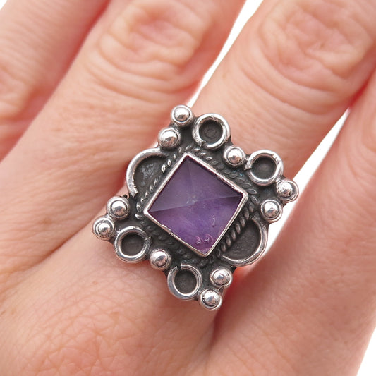 925 Sterling Silver Vintage Mexico Real Amethyst Oxidized Ring Size 6.75