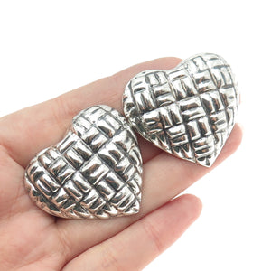925 Sterling Silver Vintage Mexico Modernist Heart Clip On Oxidized Earrings