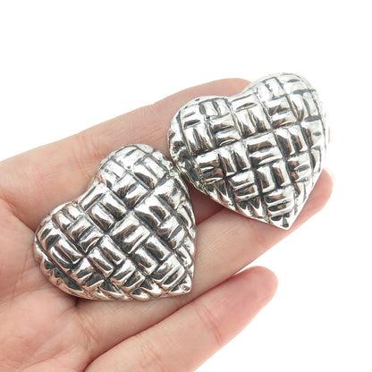 925 Sterling Silver Vintage Mexico Modernist Heart Clip On Oxidized Earrings