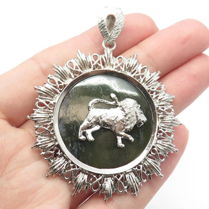 925 Sterling Silver Vintage Real Jade Gemstone Lion / Leo Zodiac Sign Pendant