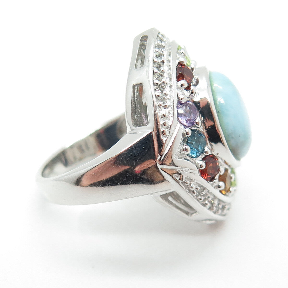 KN Kajal Naina Sterling Larimar Topaz Citrine Amethyst & Peridot Ring Size 5.75