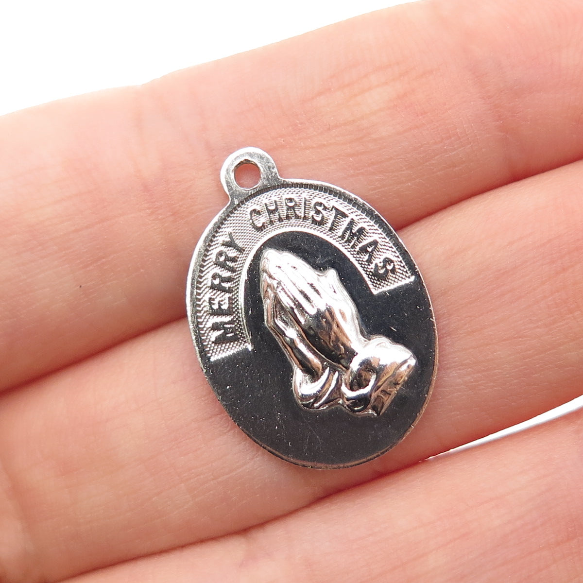 JEANOR Sterling Silver Vintage Merry Christmas Praying Hands Mini Charm Pendant