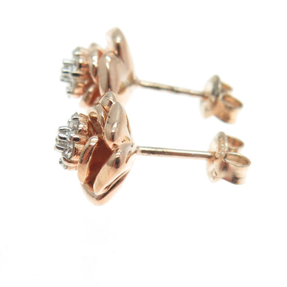 925 Sterling Silver Rose Gold Plated Real Round-Cut Diamond Flower Stud Earrings