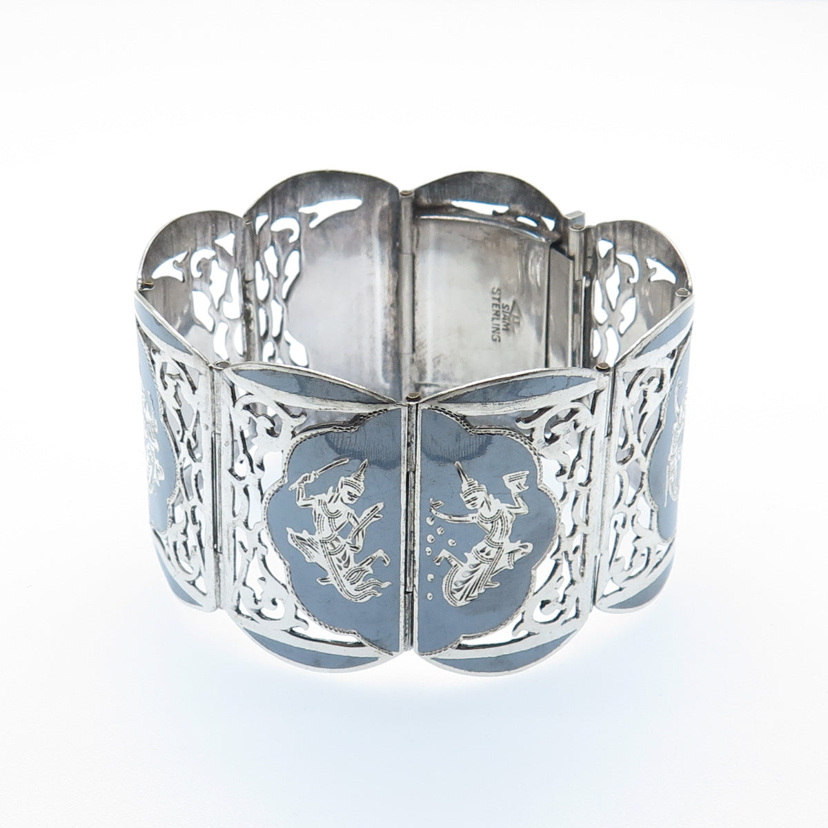 925 Sterling Silver Antique Siam Niello Hindu Goddess Panel Link Bracelet 7"