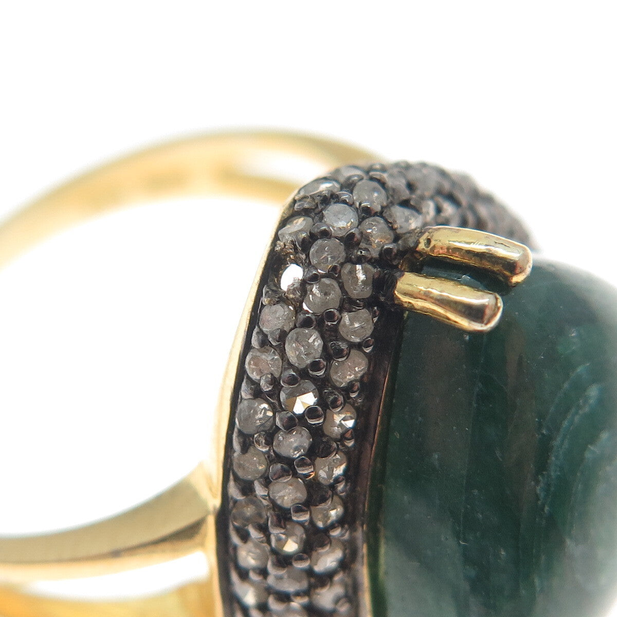 925 Sterling Gold Plated Real Diamond Malachite Ring Size 8.5 (missing 1 stone)