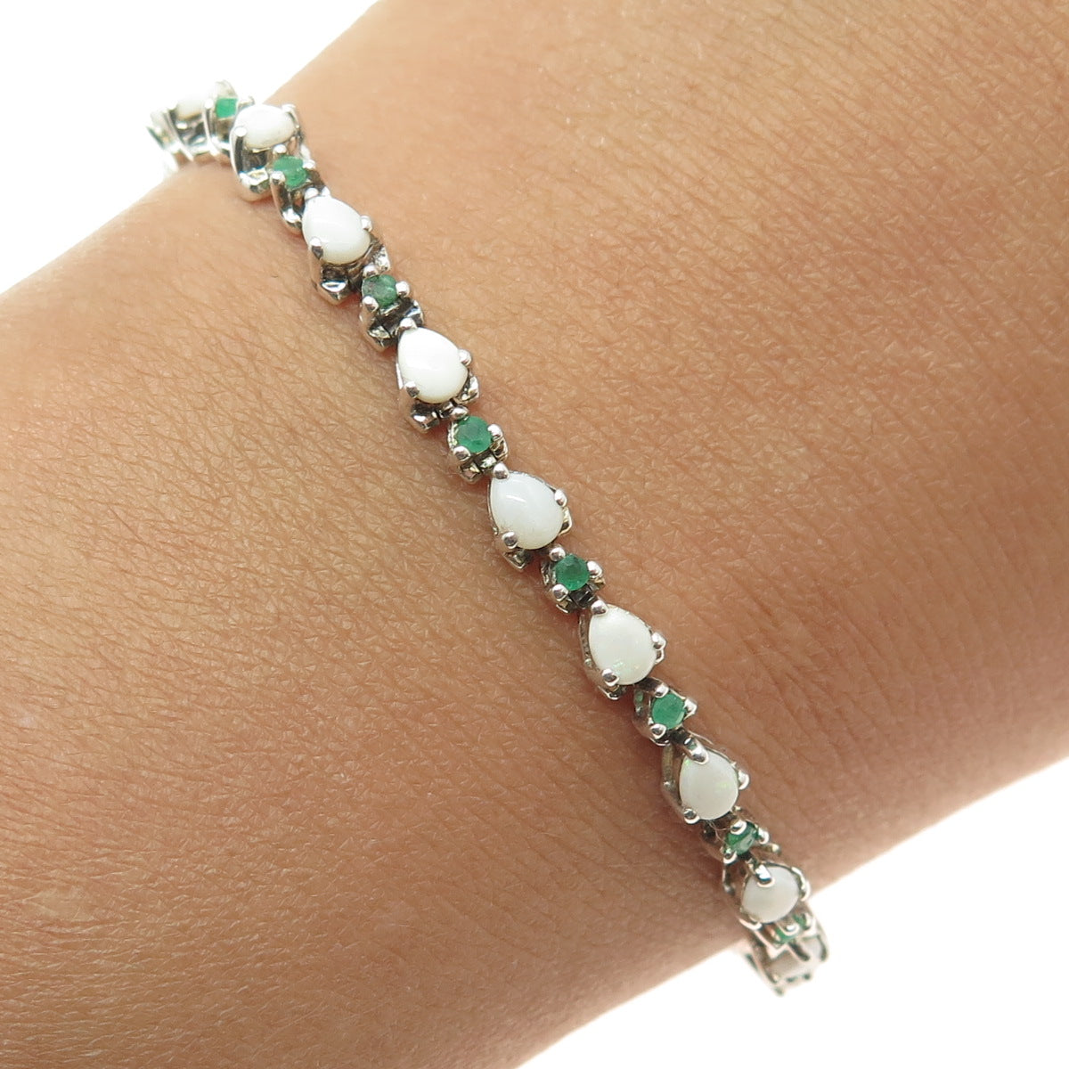 925 Sterling Silver Real Round-Cut Emerald & Pear-Cut Opal Bracelet 7"