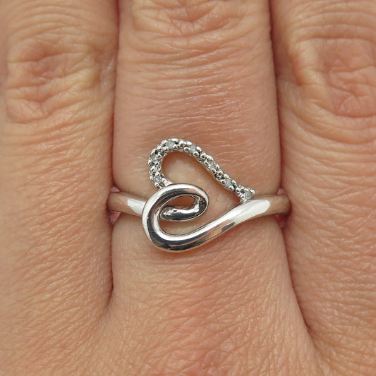 SUN 925 Sterling Silver Real Round-Cut Diamond Heart Ring Size 6