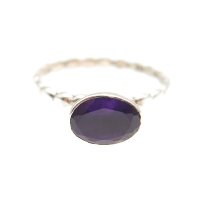 925 Sterling Silver Vintage Real Oval-Cut Amethyst Bubble Ring Size 7